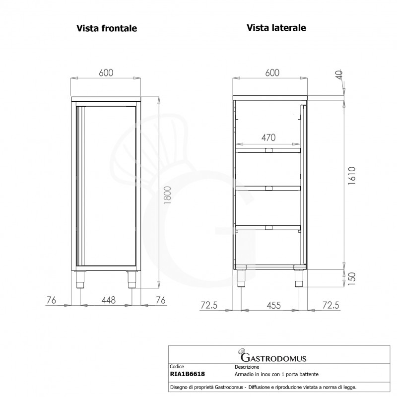 Armadio inox con 1 porta battente, 3 ripiani, L 600 x P 600 x H 1800 mm