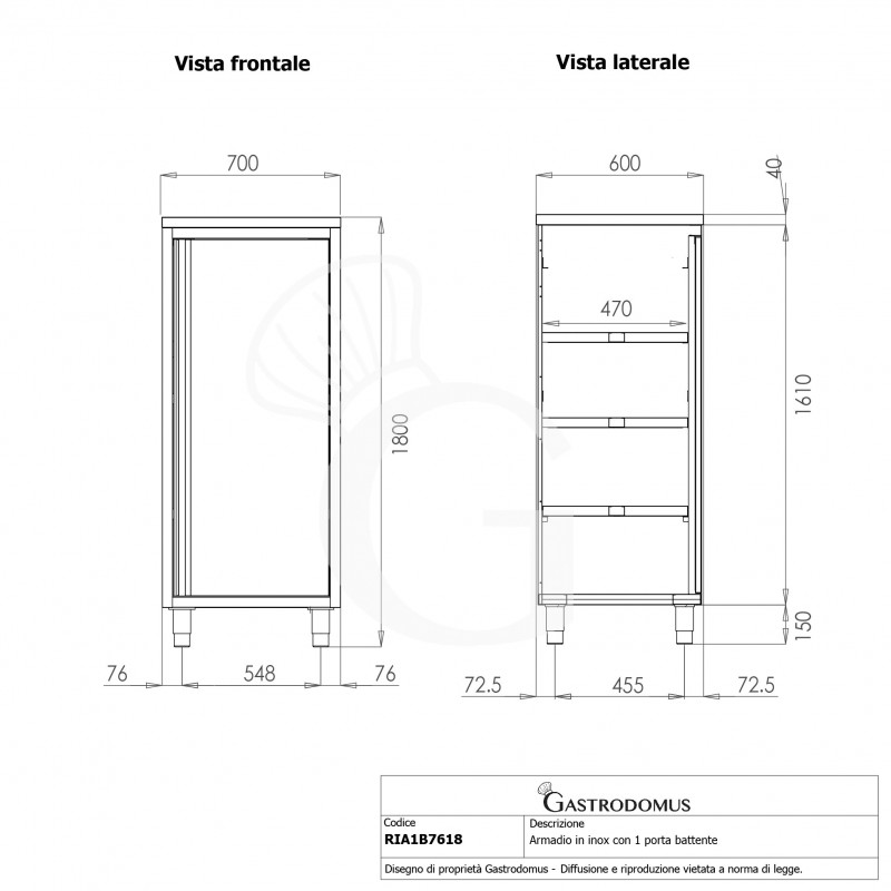 Armadio inox con 1 porta battente, 3 ripiani, L 700 x P 600 x H 1800 mm