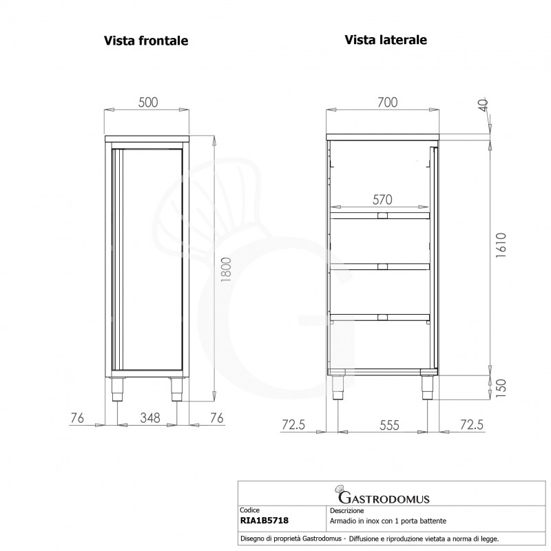 Armadio in acciaio inox con 1 porta battente, 3 ripiani, L 500 x P 700 x H 1800 mm