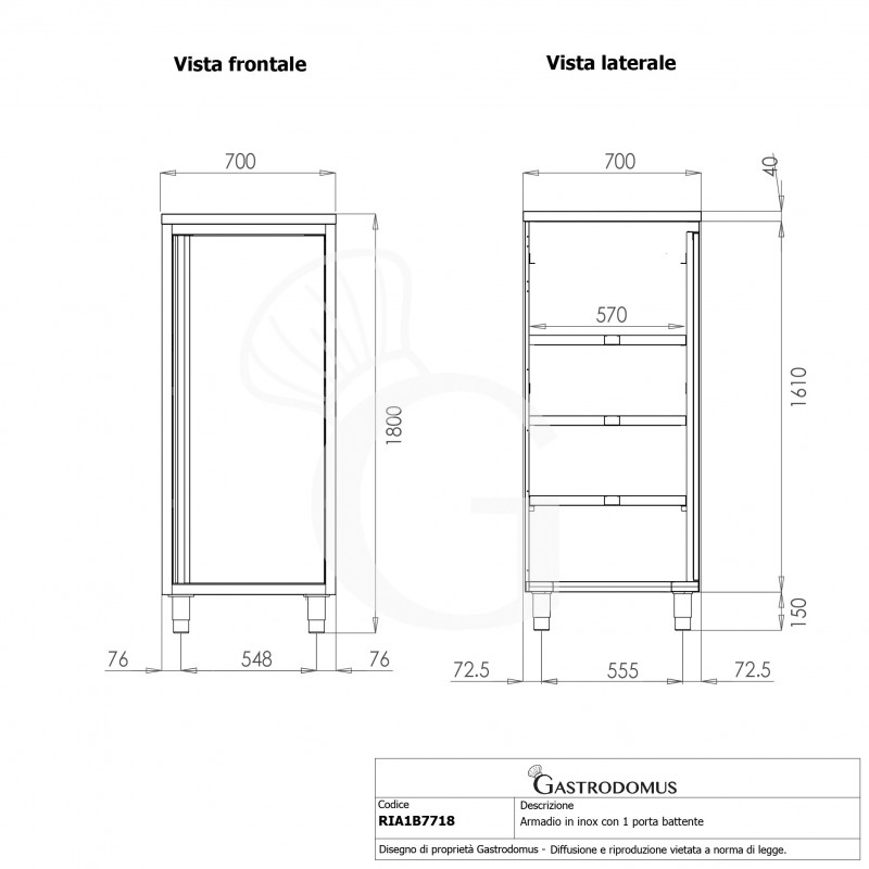 Armadio in acciaio inox con 1 porta battente, 3 ripiani, L 600 x P 700 x H 1800 mm