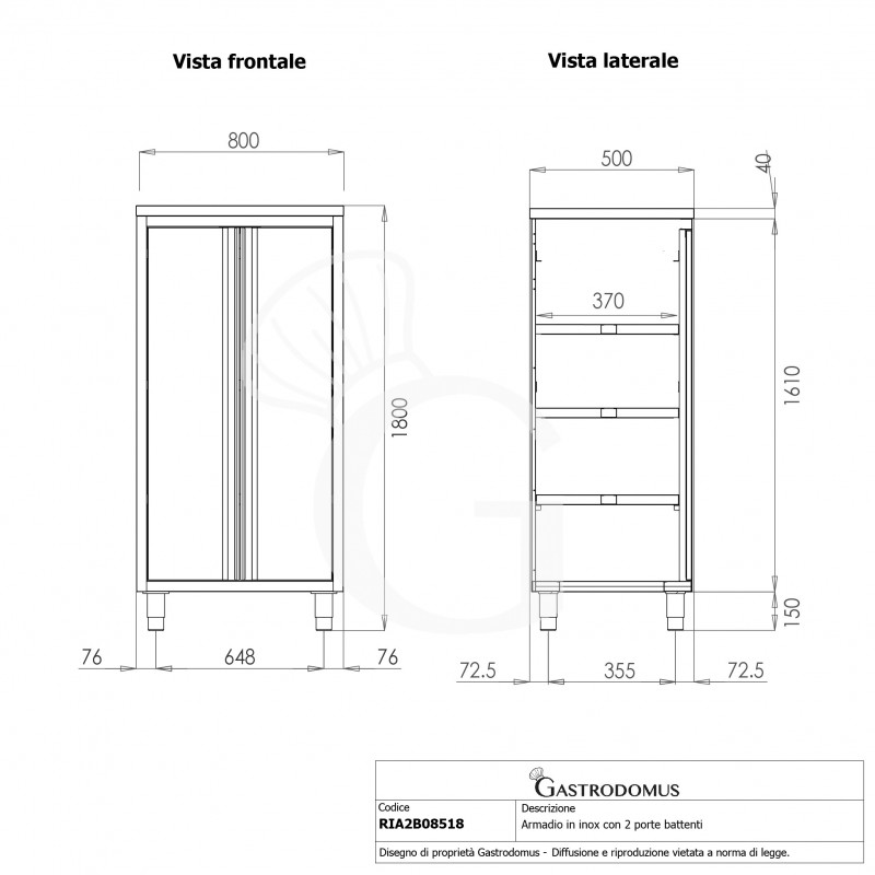 Armadio inox con 2 porte battenti, 3 ripiani, L 800 x P 500 x H 1800 mm