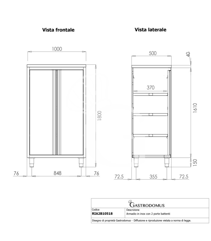 Armadio inox con 2 porte battenti, 3 ripiani, L 1000 x P 500 x H 1800 mm