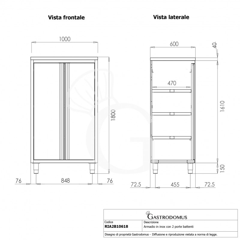 Armadio inox con 2 porte battenti, 3 ripiani, L 1000 x P 600 x H 1800 mm
