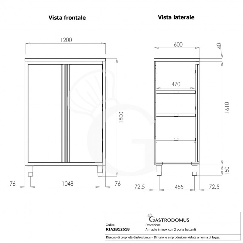 Armadio inox con 2 porte battenti, 3 ripiani, L 1200 x P 600 x H 1800 mm
