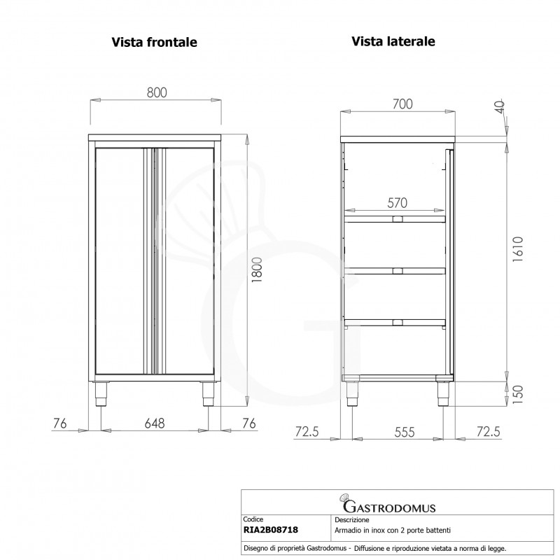 Armadio inox con 2 porte battenti, 3 ripiani, L 800 x P 700 x H 1800 mm