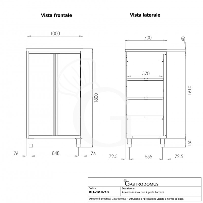 Armadio inox con 2 porte battenti, 3 ripiani, L 1000 x P 700 x H 1800 mm