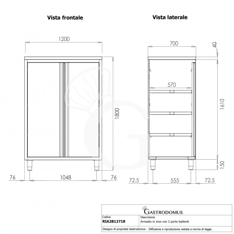 Armadio inox con 2 porte battenti, 3 ripiani, L 1200 x P 700 x H 1800 mm