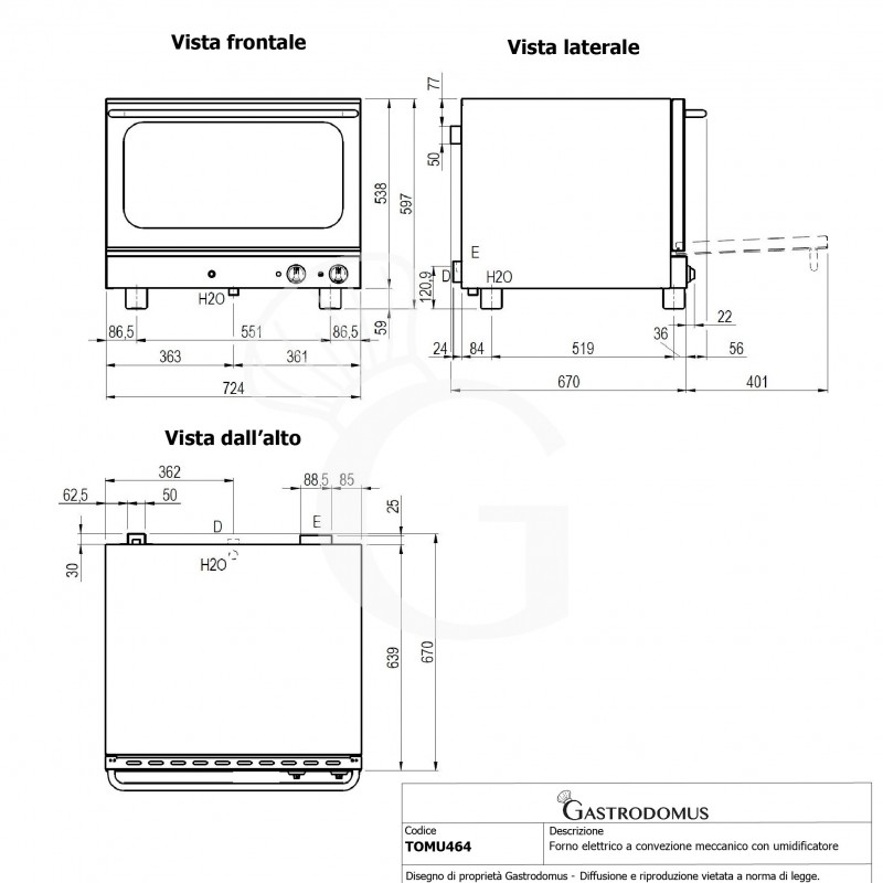 Forno elettrico per pasticceria con umidificatore, comandi meccanici, porta a ribalta, monofase per 4 teglie 600x400 mm