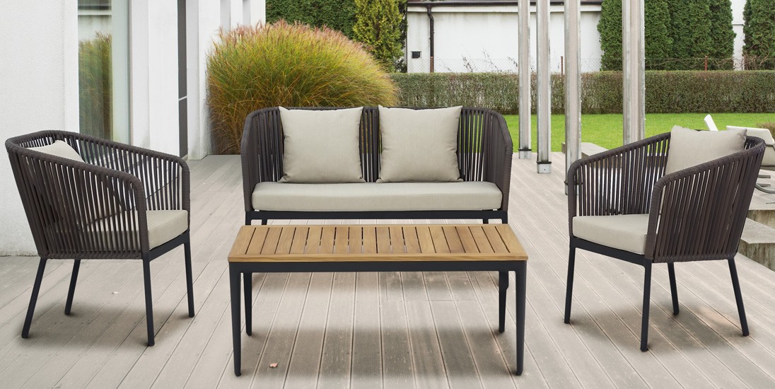 Set Bar da esterno: 1 tavolo, 2 poltrone, 1 divano - alluminio verniciato con cuscini