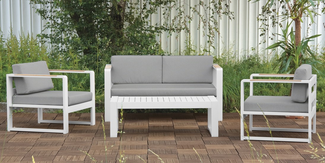 Set Bar da esterno tavolo, 2 poltrone e divano in alluminio verniciato con cuscini