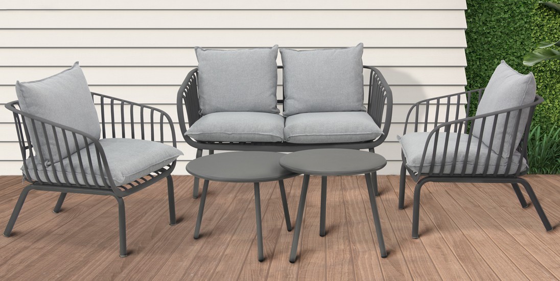 Set Bar da esterno 2 tavoli, 2 poltrone e divano in metallo verniciato con cuscini