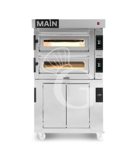 Forno Elettrico per 4+4 pizze diametro 350 mm 2 camere controllo touch 14,4 Kw, cappa in inox e cella di lievitazione