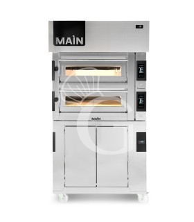 Forno Elettrico per 4+4 pizze diametro 350 mm 2 camere controllo touch 14,4 Kw, cappa a condensazione e cella di lievitazione