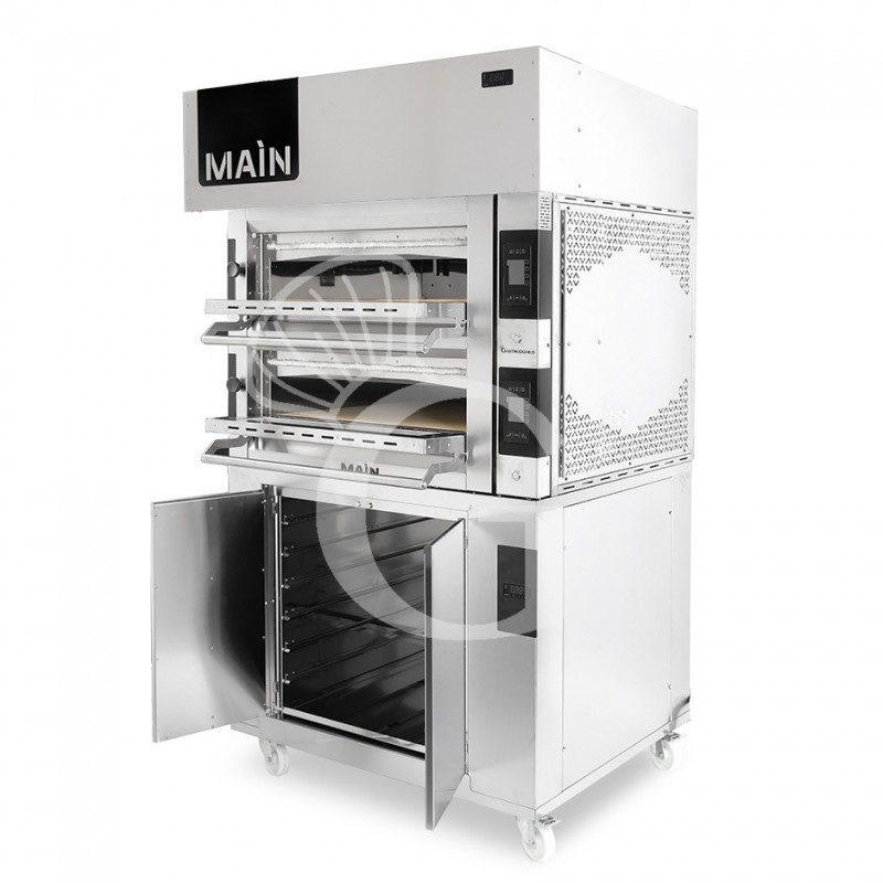 Forno Elettrico per 4+4 pizze diametro 350 mm 2 camere controllo touch 14,4 Kw, cappa a condensazione e cella di lievitazione