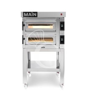 Forno Elettrico per 4+4 pizze diametro 350 mm 2 camere controllo touch 14,4 Kw, cappa in inox e supporto