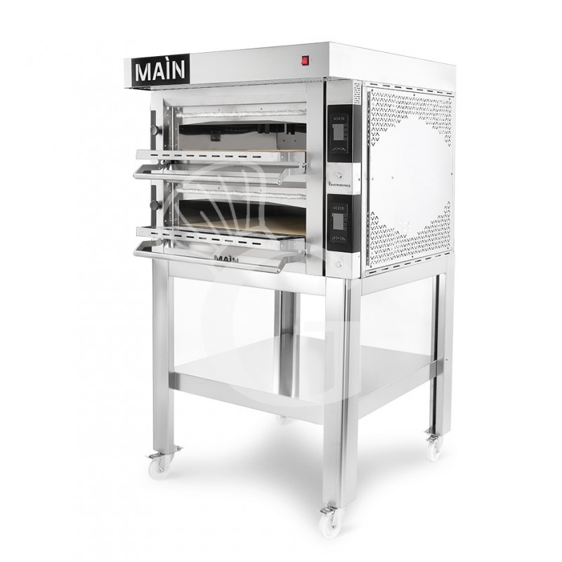 Forno Elettrico per 4+4 pizze diametro 350 mm 2 camere controllo touch 14,4 Kw, cappa in inox e supporto
