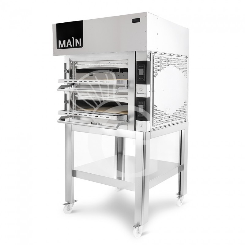 Forno Elettrico per 4+4 pizze diametro 350 mm 2 camere controllo touch 14,4 Kw, cappa a condensazione e supporto