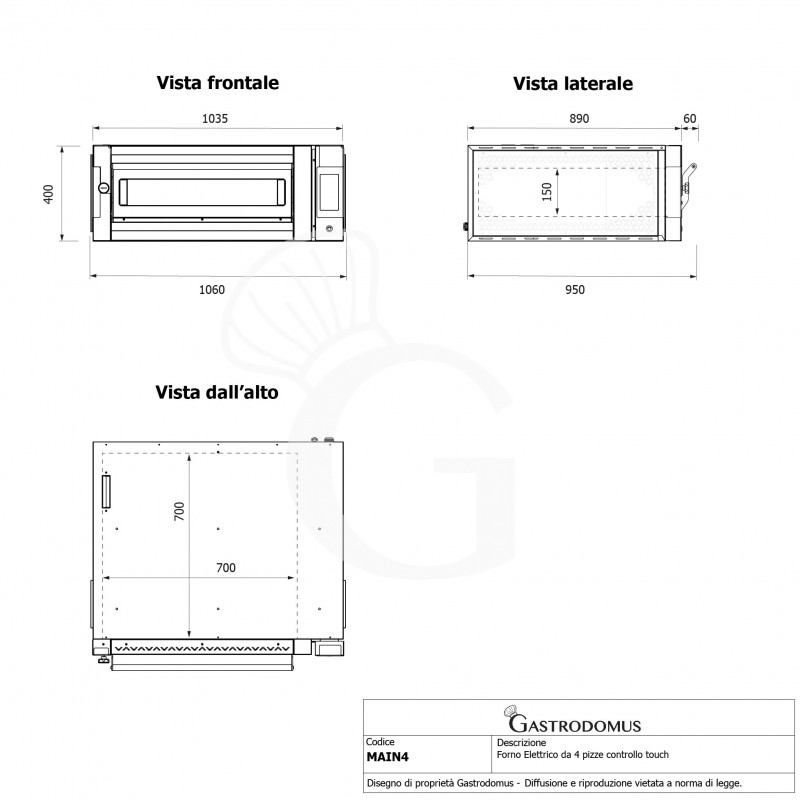 Forno Elettrico per 4 pizze diametro 350 mm 1 camera controllo touch 7,2 Kw