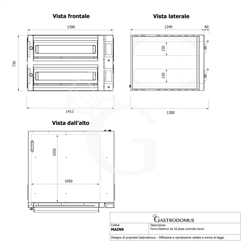 Forno Elettrico per 9+9 pizze diametro 350 mm 2 camere controllo touch 27,3 Kw