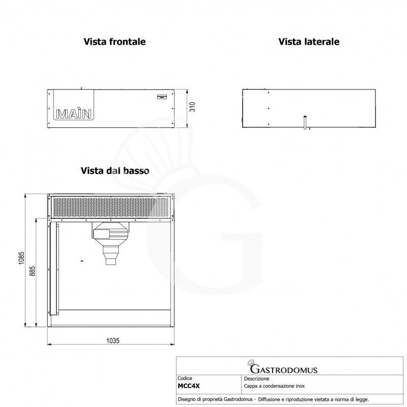 Cappa a condensazione inox dimensioni L 1035 mm x P 1085 mm x H 310 mm
