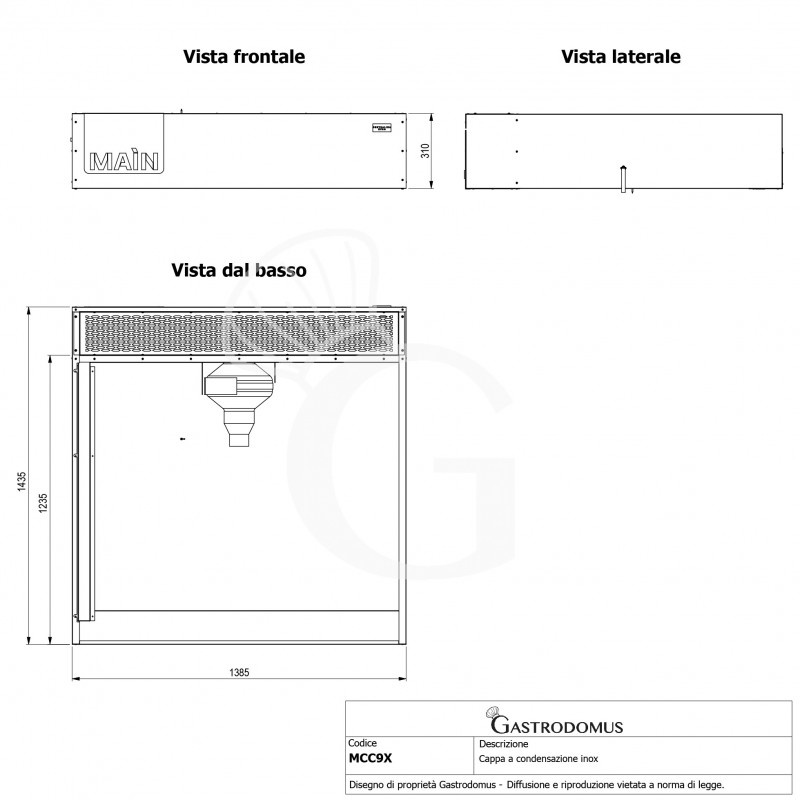 Cappa a condensazione inox dimensioni L 1385 mm x P 1435 mm x H 310 mm