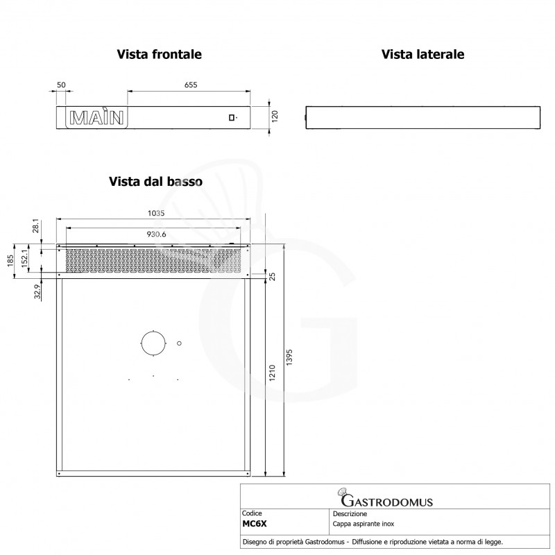 Cappa inox per forno pizza - L 1035 mm x P 1235 mm x H 120 mm