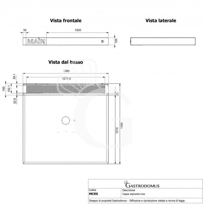 Cappa inox per forno pizza - L 1385 mm x P 1235 mm x H 120 mm