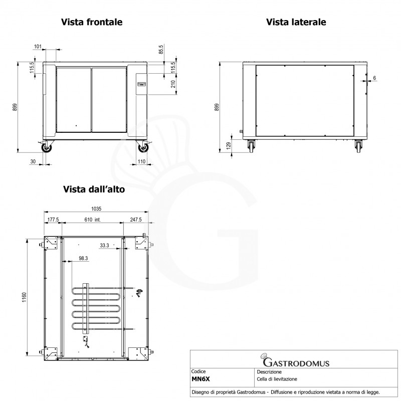 Cella di Lievitazione 12 teglie 600 x 400 mm L 1035 mm x P 1235 mm x H 900 mm