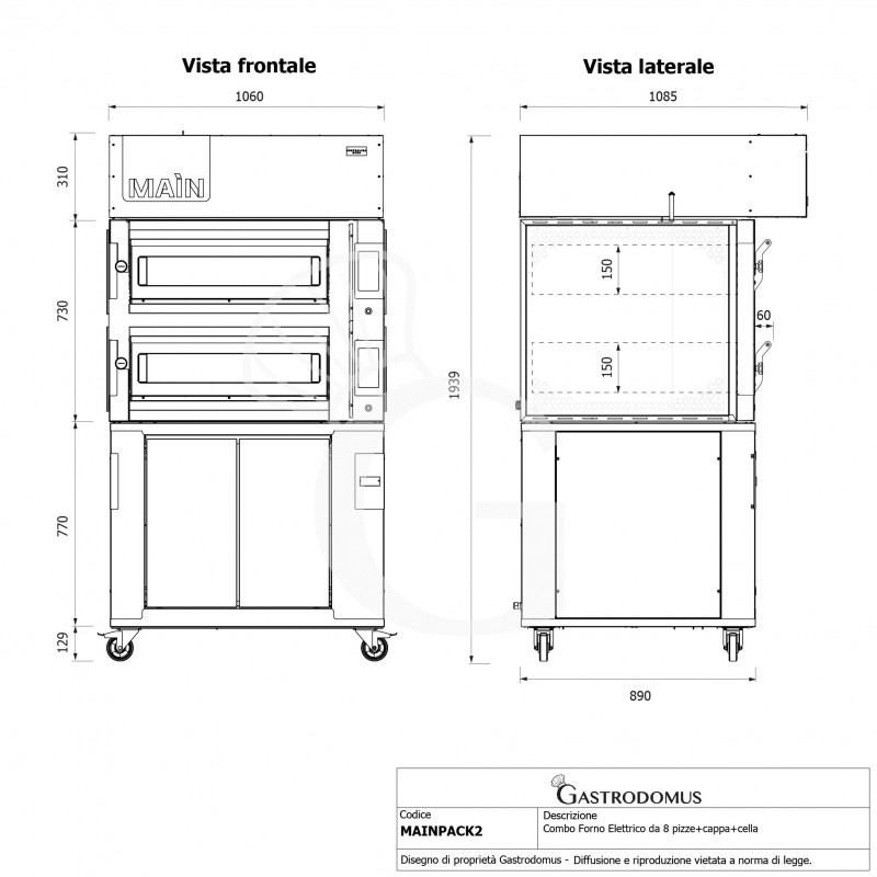 Forno Elettrico per 4+4 pizze diametro 350 mm 2 camere controllo touch 14,4 Kw, cappa a condensazione e cella di lievitazione