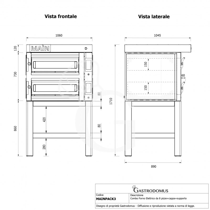 Forno Elettrico per 4+4 pizze diametro 350 mm 2 camere controllo touch 14,4 Kw, cappa in inox e supporto