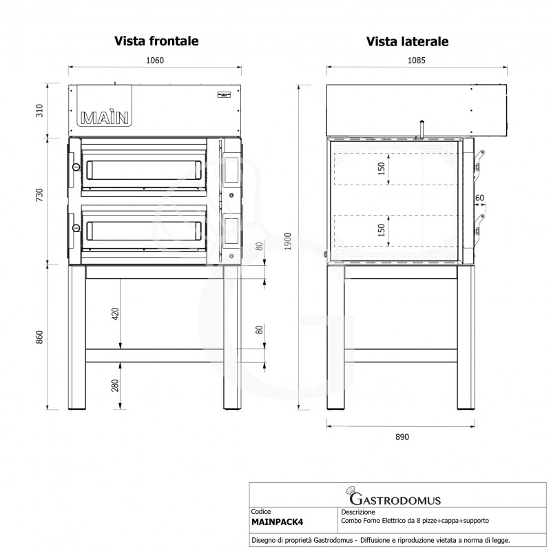 Forno Elettrico per 4+4 pizze diametro 350 mm 2 camere controllo touch 14,4 Kw, cappa a condensazione e supporto