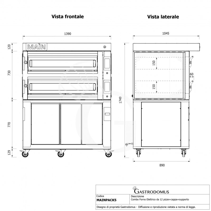 Forno Elettrico per 6+6 pizze diametro 350 mm 2 camere controllo touch 20,4 Kw, cappa in inox e cella di lievitazione
