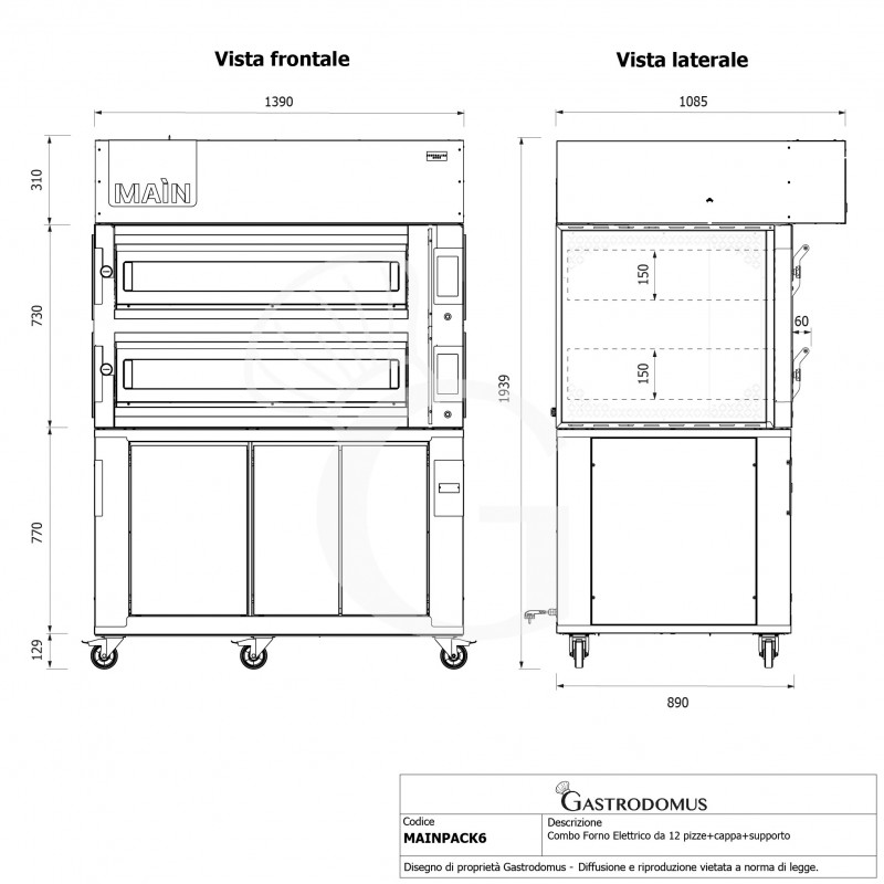 Forno Elettrico per 6+6 pizze diametro 350 mm 2 camere controllo touch 20,4 Kw, cappa a condensazione e cella di lievitazione