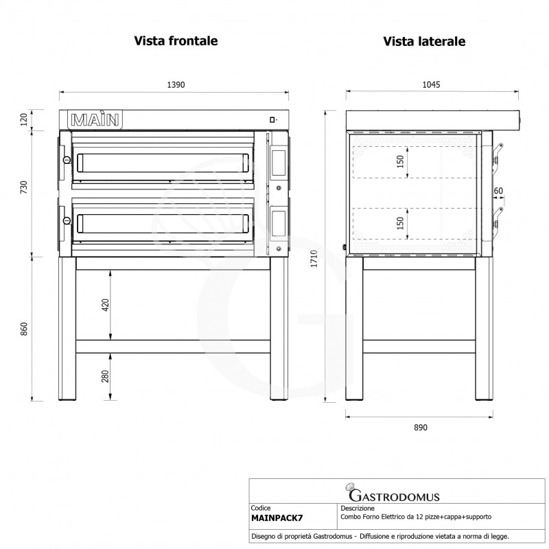 Forno Elettrico per 6+6 pizze diametro 350 mm 2 camere controllo touch 20,4 Kw, cappa in inox e supporto