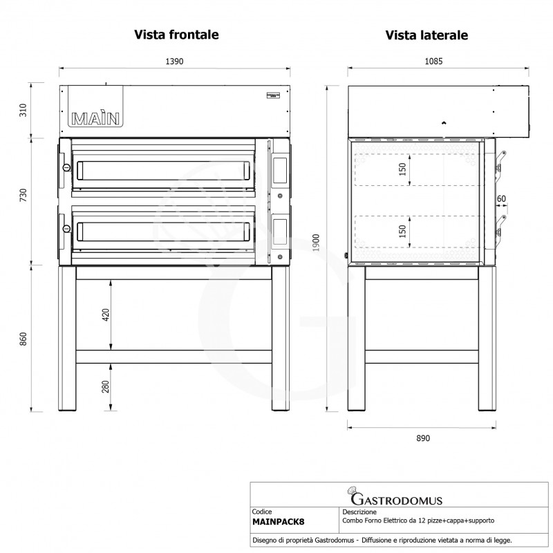 Forno Elettrico per 6+6 pizze diametro 350 mm 2 camere controllo touch 20,4 Kw, cappa a condensazione e supporto