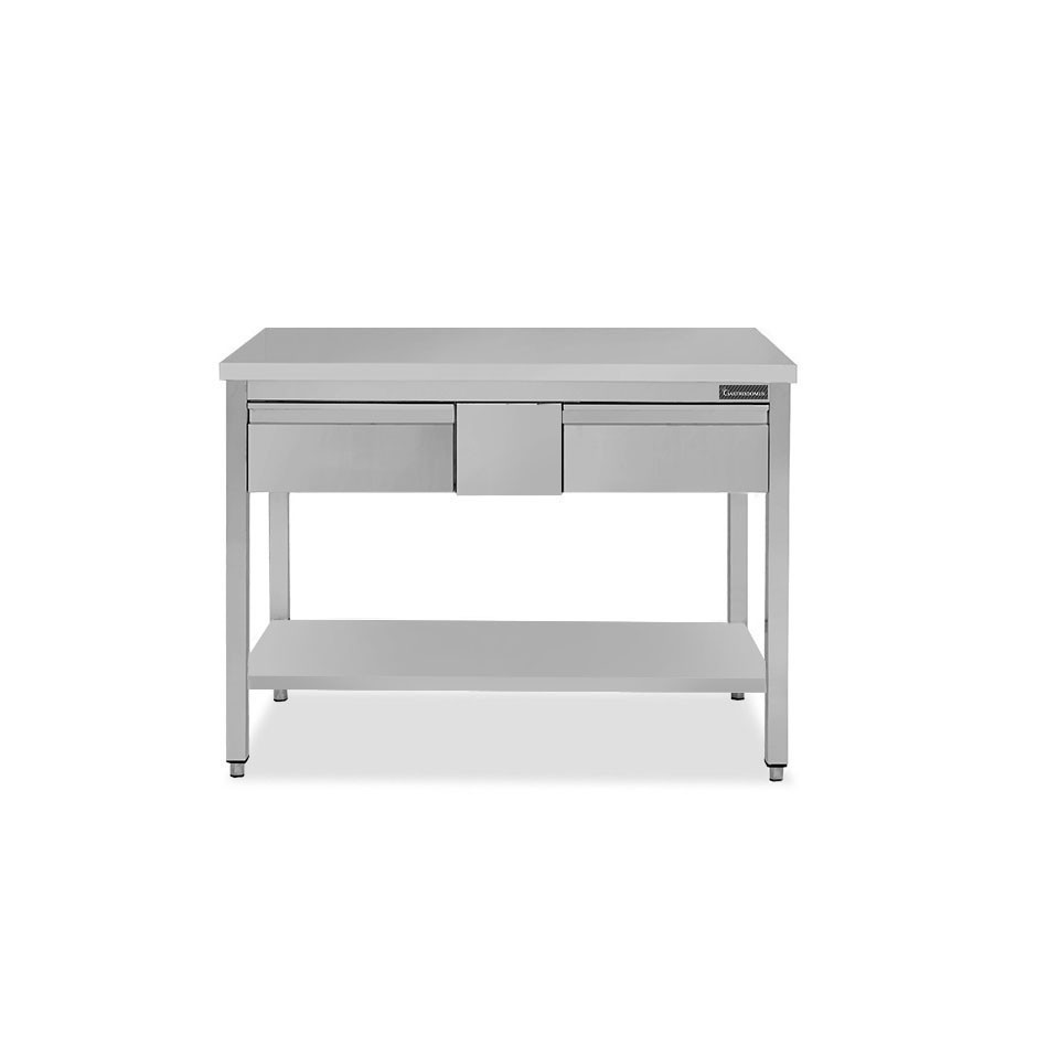 Tavolo inox ripiano 2 cassetti L 1200 mm x P 700 mm x H 850 mm