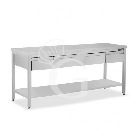 Tavolo inox ripiano 4 cassetti L 1800 mm x P 700 mm x H 850 mm Tavolo inox ripiano 4 cassetti L 1800 mm x P 700 mm x H 850 mm
