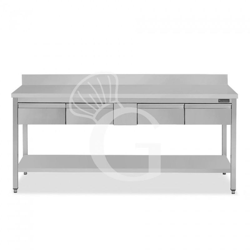 Tavolo inox ripiano alzatina 4 cassetti L 1800 mm x P 600 mm x H 950 mm Tavolo inox ripiano alzatina 4 cassetti L 1800 mm x P 600 mm x H 950 mm