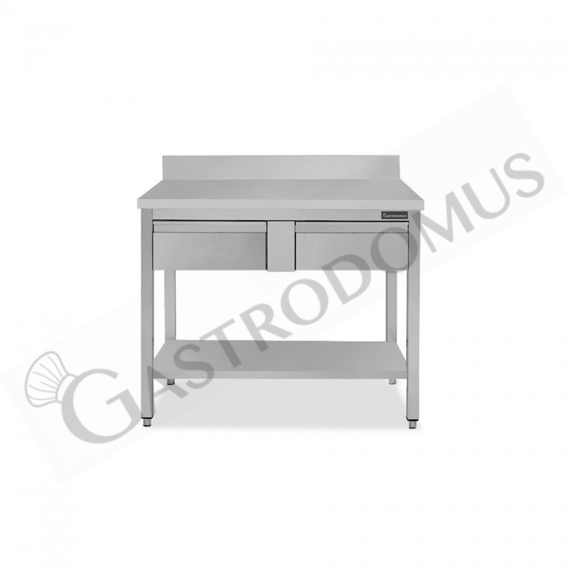 Tavolo inox ripiano alzatina 2 cassetti L 1000 mm x P 700 mm x H 950 mm Tavolo inox ripiano alzatina 2 cassetti L 1000 mm x P 700 mm x H 950 mm