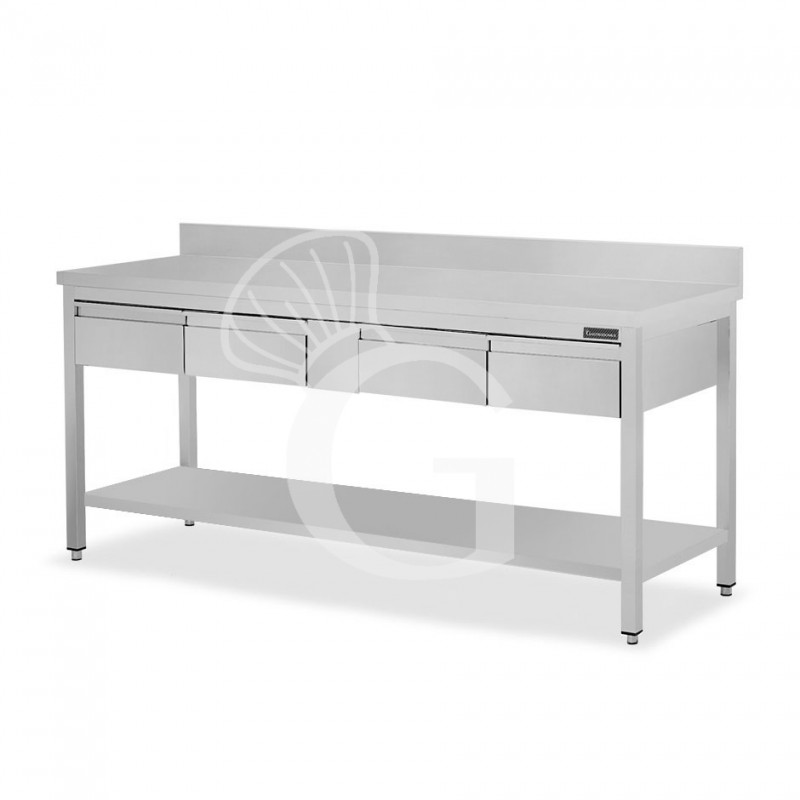 Tavolo inox ripiano alzatina 4 cassetti L 1800 mm x P 700 mm x H 950 mm