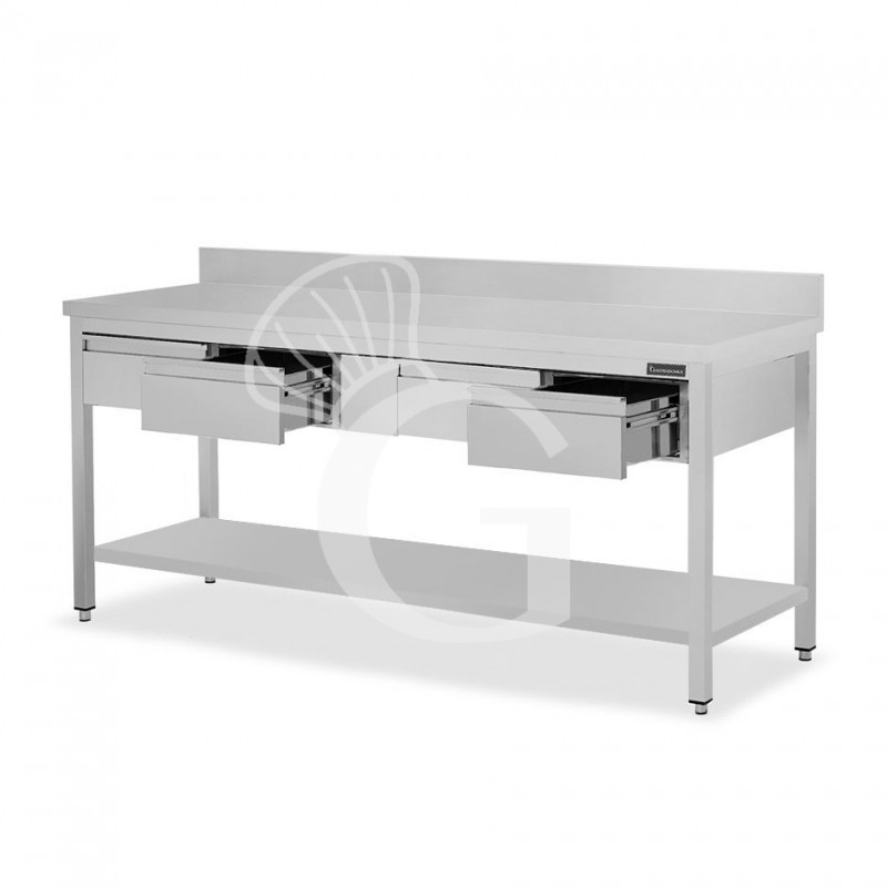 Tavolo inox ripiano alzatina 4 cassetti L 1800 mm x P 700 mm x H 950 mm