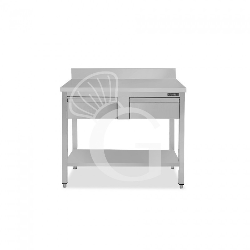 Tavolo inox ripiano alzatina 2 cassetti L 1000 mm x P 800 mm x H 950 mm