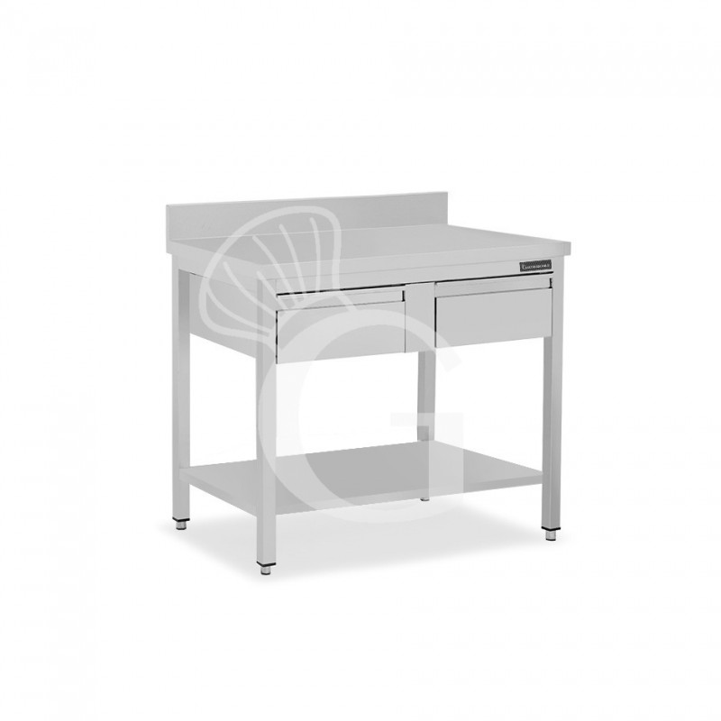 Tavolo inox ripiano alzatina 2 cassetti L 1000 mm x P 800 mm x H 950 mm