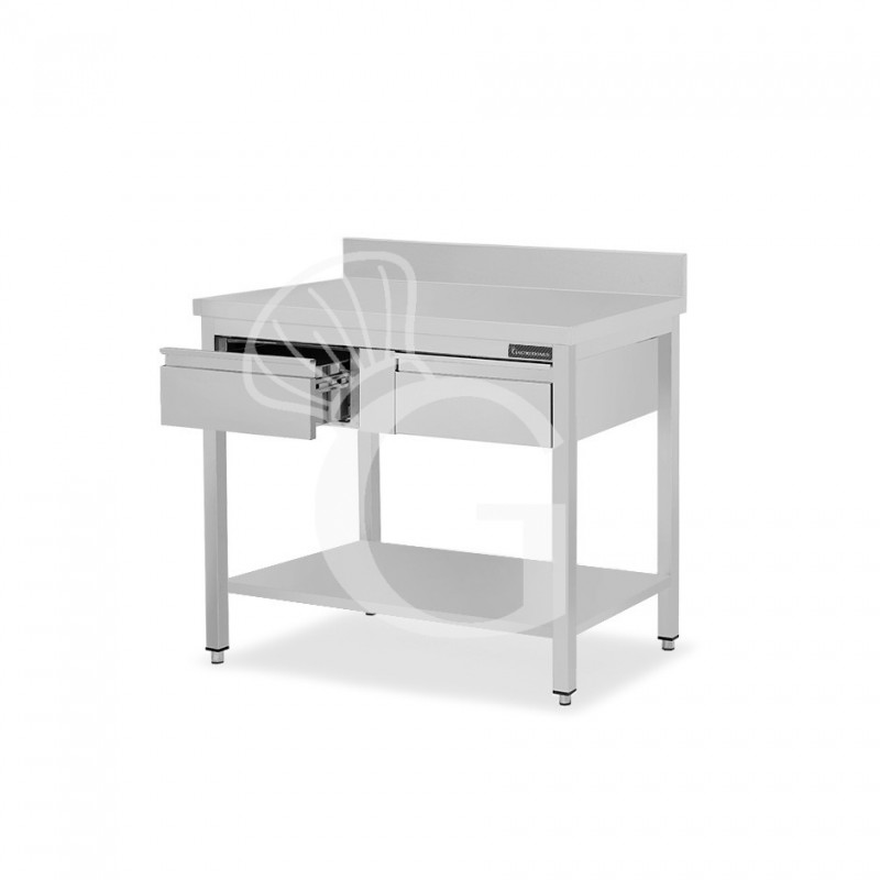 Tavolo inox ripiano alzatina 2 cassetti L 1000 mm x P 800 mm x H 950 mm