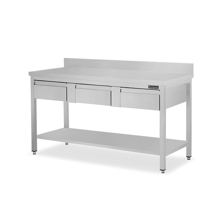 Tavolo inox ripiano alzatina 3 cassetti L 1600 mm x P 800 mm x H 950 mm