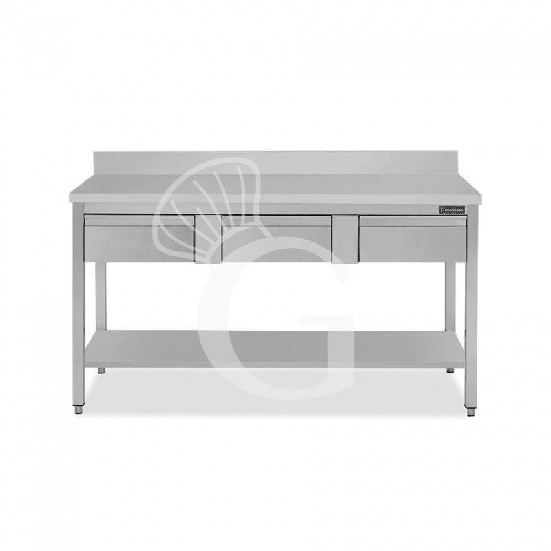 Tavolo inox ripiano alzatina 3 cassetti L 1600 mm x P 800 mm x H 950 mm