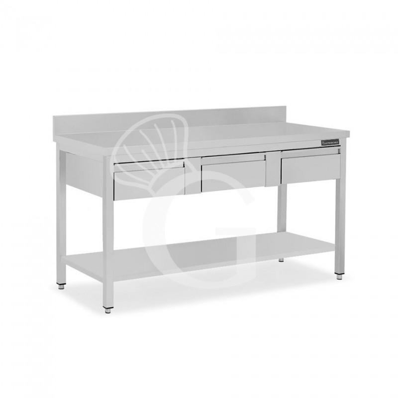 Tavolo inox ripiano alzatina 3 cassetti L 1600 mm x P 800 mm x H 950 mm