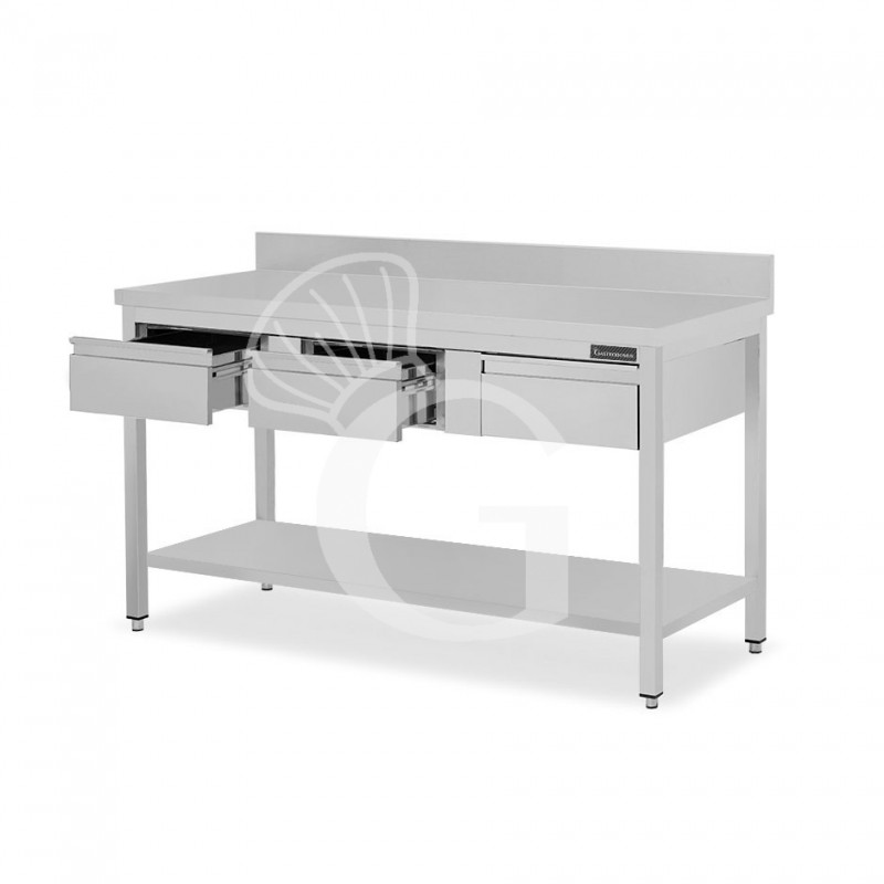 Tavolo inox ripiano alzatina 3 cassetti L 1600 mm x P 800 mm x H 950 mm