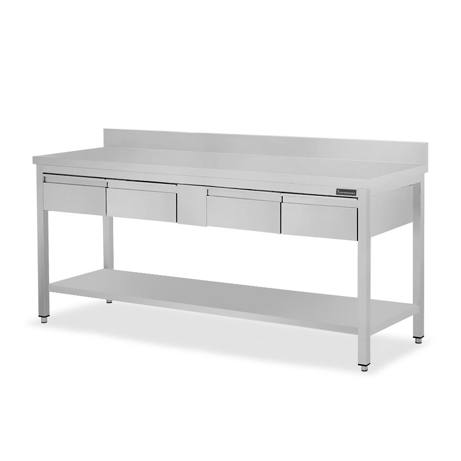 Tavolo inox ripiano alzatina 4 cassetti L 1800 mm x P 800 mm x H 950 mm