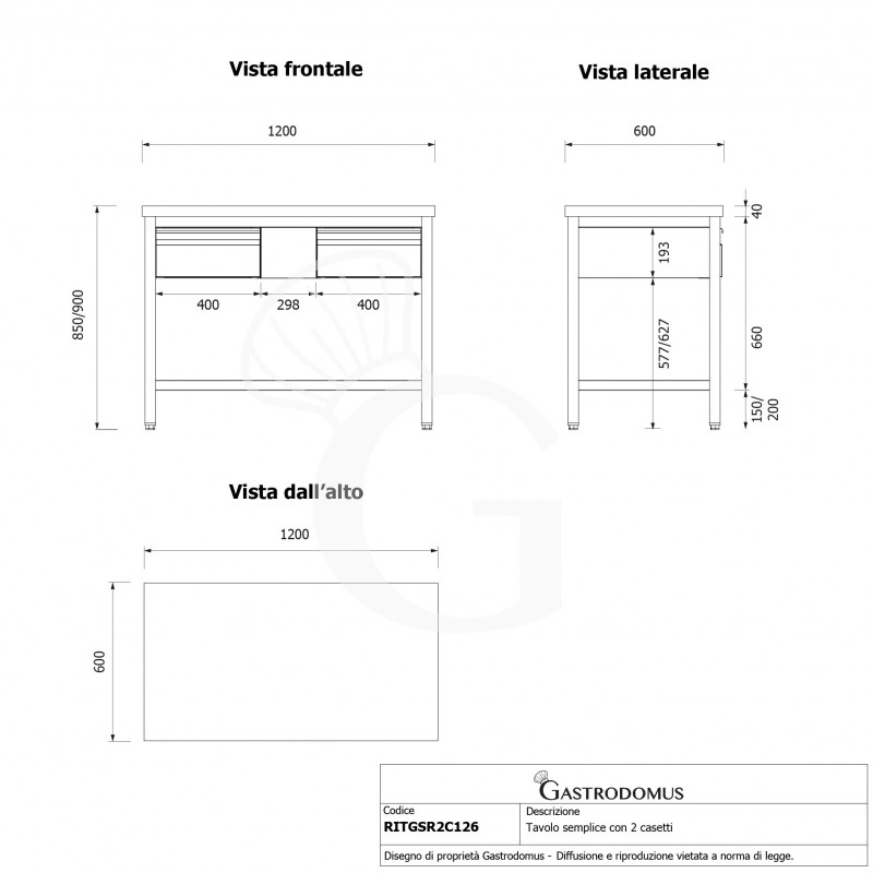 Tavolo inox 2 cassetti L 1200 mm x P 600 mm x H 850 mm